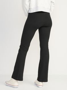 elasticized waist pull-on style online exclusive sits at belly button fitted hip and thigh flare leg models are approx.  5'9" and wear sizes s (4), l (12) and xl (18) Black Wide Leg Leggings With 4-way Stretch, Black Wide Leg 4-way Stretch Leggings, Casual Flare Bottoms With High Stretch, Black Flare Bottoms For Loungewear, Casual Flare High Stretch Bottoms, Casual Flare Stretch Yoga Pants, Casual High-stretch Flare Bottoms, Casual Flare Workout Leggings, Black Flared Casual Leggings