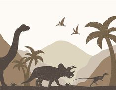 dinosaurs and birds in the desert with palm trees, mountains and hills behind them