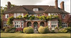 a large red brick house with lots of windows and plants on the front lawn area