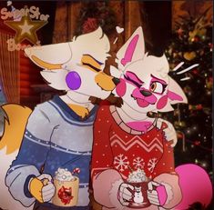 two cartoon characters standing next to each other in front of a christmas tree with decorations