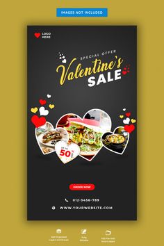 the valentine's sale flyer is shown with hearts and other things on it, including food