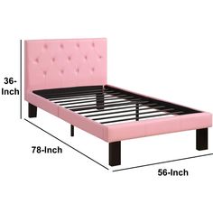 a pink bed frame with black legs and buttons on the headboard is shown in measurements