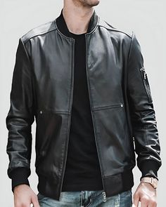 Looking for a leather jacket that'll make you feel like the ultimate bad-ass? Look no further than the Fritz Black Bomber Leather Jacket by NYC Leather Jackets. With its sleek and stylish design, this jacket is the perfect addition to any wardrobe. Buy Jacket Here: https://www.nycleatherjackets.com/products/fritz-black-bomber-leather-jacket Men Shopping, Red Jacket Leather, Womens Leather Biker Jacket, Leather Jackets Online, Leather Jacket For Men, Celebrities Leather Jacket, Distressed Leather Jacket, Casual Leather Jacket, Womens Black Leather Jacket