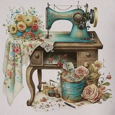 a painting of an old sewing machine and flowers