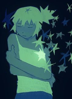 a drawing of a person hugging with stars in the background