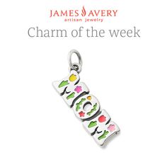 This sterling silver "Mom" charm is hand-painted with enamel flowers to celebrate the beauty of a mother's unconditional love. #GiftForMom #MomCharm #Mom #JamesAvery Mother's Day Charms For Mom, Mother's Day Charms Gift For Mom, Mother's Day Gift For Mom Charms, Personalized White Sterling Silver Charms, Sterling Silver Flower Charm Gift, Personalized Silver Charms For Mother's Day, Mother's Day Gift Charms, Silver Enamel Jewelry For Mother's Day, Hand-painted White Sterling Silver Jewelry