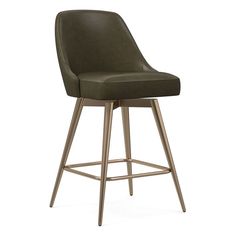 an upholstered bar stool with gold legs and a black leather seat, viewed from the front