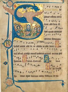 an illuminated manuscript with the initial letter s in blue, gold and red writing on parchment paper