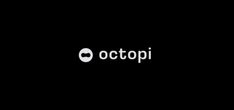 the logo for octopi is shown in black and white on a dark background