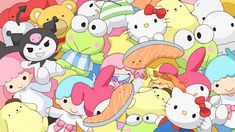 a large group of hello kitty characters all grouped together