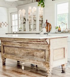 Bleached kitchen island with white quartz countertop. Kitchen Island That Looks Like A Piece Of Furniture, Vintage General Store Counter, Antique Store Counter Kitchen Island, Antique Wood Island, Antique Store Counter, Arhaus Decor, General Store Counter, 2nd Kitchen, Antique Kitchen Island