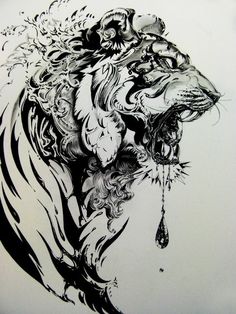 a black and white drawing of a lion's head with water dripping from its mouth