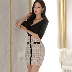 Material: Polyester Material: Nylon Silhouette: Sheath Neckline: V-Neck Sleeve Length(cm): Three Quarter Sleeve Style: REGULAR Decoration: Button Waistline: empire Pattern Type: Plaid Dresses Length: Above Knee, Mini V-neck Mini Dress For Office, V-neck Office Dress With Buttons, V-neck Office Lady Dress With Buttons, Korean Fashion Women Dresses, Formal Business Attire, Modesty Outfits, Nylon Dress, Girl Fashion Style, Office Wear Women