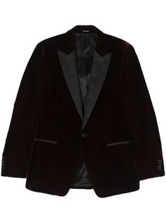 bordeaux red velvet peak lapels front button fastening shoulder pads long sleeves buttoned cuffs chest welt pocket two front jetted pockets American rear vent straight hem silk lining Classic Formal Velvet Outerwear, Classic Burgundy Single-breasted Blazer, Classic Velvet Outerwear For Formal Occasions, Burgundy Long Sleeve Blazer For Semi-formal Occasions, Formal Burgundy Blazer With Lapel Collar, Velvet Business Tuxedo Outerwear, Velvet Blazer With Double Button Closure And Long Sleeves, Formal Burgundy Outerwear With Lapel Collar, Burgundy Blazer With Suit Collar For Semi-formal Occasions