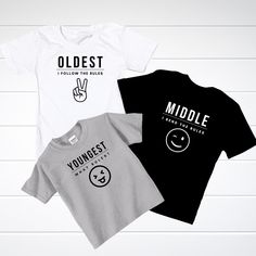 Get ready to make everyone laugh with these funny birth order matching sibling shirts! Perfect for siblings who love to show off their unique personalities, these shirts are not only adorable but also a fun way to celebrate your special bond. Whether you're the oldest, middle, or youngest child, these matching shirts will surely turn heads and make for fantastic family photos. These sibling shirts are a must-have for your next family gathering or special occasion. Embrace your birth order with s Sibling Shirts For 3, Funny Birth, Funny Sibling Shirts, Funny Matching Shirts, Matching Sibling Shirts, New Sibling, Sibling Gifts, Sibling Shirts, Brother Shirts