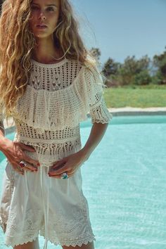 ROMANTIC RUFFLE KNIT TOP - Ecru | ZARA United States Summer Crochet Top With Pointelle Knit And Short Sleeves, Short Sleeve Crochet Knit Top, Casual Summer Crochet Top With Ruffles, Summer Vacation Crochet Top With Ruffles, Chic Crochet Top With Short Sleeves For Vacation, Summer Ruffled Short Sleeve Knit Top, Summer Ruffle Short Sleeve Knit Top, Chic Short Sleeve Crochet Top For Vacation, Feminine Crochet Short Sleeve Top For Summer