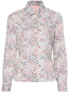 white/multicolour cotton poplin texture all-over floral print straight-point collar front button fastening long sleeves buttoned cuffs curved hem Curved Hem Shirt, City Dress, Poplin Shirt, Silk Shirt, Floral Shirt, Paul Smith, Shirt White, Cotton Poplin, Jacket Tops