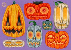 a drawing of pumpkins and jack - o'- lanterns on a purple background