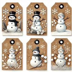 four tags with snowmen on them are shown in different styles and sizes, one is brown