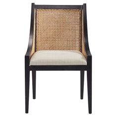 a brown and white chair with wicker back