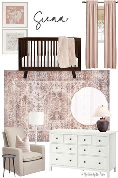 Baby girl nursery mood board with pink and dark brown tones throughout! This design features a walnut colored crib, a white dresser, and pink accents throughout Dark Wood Nursery, Organization Kids Room, Nursery Dark Furniture, Babyletto Hudson, Brown Nursery, Room Murals, Girly Nursery, Rose Nursery