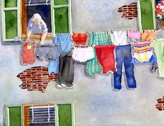 watercolor painting of clothes hanging out to dry in front of an open window with green shutters