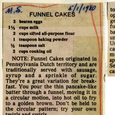 an old recipe for funnel cakes with instructions