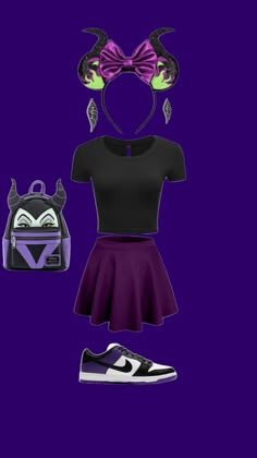 a woman's outfit is shown with shoes and a backpack on the side, including an owl headband