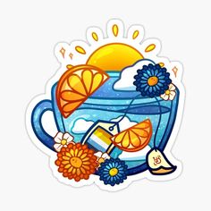 an orange slice and some flowers in a cup sticker