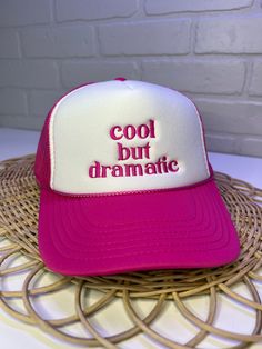 Cool But Dramatic Hat Trucker Hat Pink Foam Trucker Moody Girls Custom Trucker Hats 5 panel, foam trucker hat, Otto brand   Handmade in Plano, Texas. Pink 5-panel Trucker Hat For Spring, Trendy Spring 5-panel Trucker Hat, Spring 5-panel Hat With Letter Print, Spring Letter Print 5-panel Hat, Pink Short Brim Trucker Hat For Beach, Pink Trucker Hat With Short Brim, Pink Novelty Bucket Hat, Trendy 5-panel Hat, One Size Fits Most, Trendy 5-panel Baseball Cap