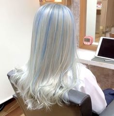 Blueish Blonde Hair, Light Blue Hair Extensions, White And Colored Hair, Powder Blue Hair Color, Platinum Blonde With Blue Highlights, Blonde And Pastel Blue Hair, Hair Color Ice Blonde, White To Blue Ombre Hair, Blonde Hair Light Blue Highlights