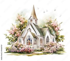 a watercolor painting of a church surrounded by flowers