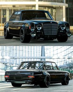 an old black car is parked in front of a building and another photo shows it's exterior