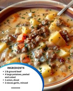 a bowl of soup with meat and potatoes