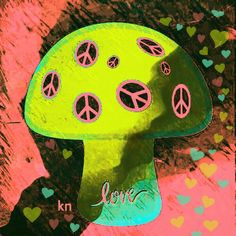 a painting of a green mushroom with peace signs on it