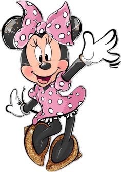 minnie mouse with pink and white polka dots on it's head, standing in the air