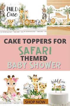 a cake topper with giraffes on it and the words safari themed birthday