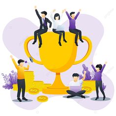 people sitting on top of a trophy with their arms in the air