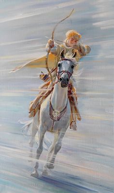 a painting of a man riding on the back of a white horse with an arrow in his hand