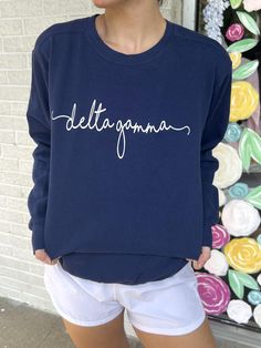 Perfect for Big/Little, New Members, and Sorority Gifts! Made with comfort and style in mind, this sweatshirt is perfect for repping your sorority on and off campus! Product Specs: -  Crewneck Sweatshirt - 100% Ring-Spun Cotton - Unisex fit - Soft-washed garment-dyed fabric - Pigment shades naturally vary - Vinyl Text Colors: White **If the specified sorority is not made in the personalization box, your item will print as shown on sample. Message us about larger sizing and bulk orders!! ♡ Delta Gamma Sweatshirt, Sorority Sweatshirt With Letter Print In Relaxed Fit, Cotton Sorority Sweatshirt For College, Sorority Letter Print Sweatshirt In Relaxed Fit, Sorority Long Sleeve Relaxed Fit Tops, Sorority Long Sleeve Relaxed Fit Sweatshirt, Relaxed Fit Long Sleeve Sorority Sweatshirt, Senior Sweatshirts, Sorority Merch