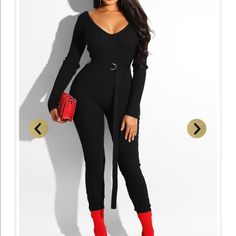 Sexy, Ribbed, Black Jumpsuit With Belt. Double V Neck. Good Quality Material, Fits Like A Glove! Trendy High-waist Bodysuit For Night Out, Chic High Waist Bodysuit For Going Out, Trendy Overall Bodysuit For Party, Trendy Black Bodysuit For Night Out, Trendy Night Out Bodysuit, Black V-neck Jumpsuit For Club, Chic Black Bodysuit For Going Out, Chic Black Jumpsuits And Rompers For Night Out, Black High Waist Jumpsuits And Rompers For Fall