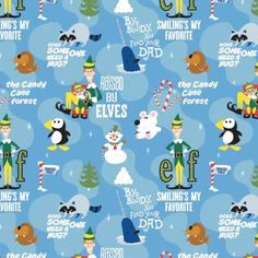 a blue christmas wrapping paper with an elf and snowman pattern on the bottom corner