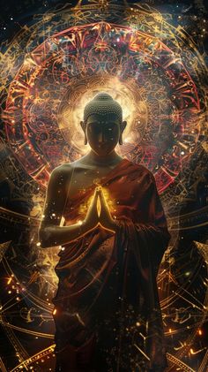 the buddha statue is surrounded by golden circles and stars in this digital painting style photo