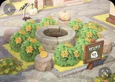 an animated image of a garden with pumpkins and flowers