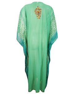 This V-neck Kaftan Maxi Dress from our Cruise Resort Wear collection offers effortless style with a retro-inspired silhouette. Featuring sheer green fabric with a relaxed fit, perfect for any cruise resort getaway. Lightweight and one size fits all. This stylish Kaftan Maxi Dress offers an on-trend 70s vintage aesthetic with its hand-embroidered sheer georgette fabric and beautiful floral pattern. Easy to wear and perfect for a range of occasions, this maxi dress is great for beach weddings, fes Free Size Green Maxi Dress, Green Chiffon Maxi Dress For Vacation, Green Free Size Maxi Dress, Green Bohemian Free Size Dress, Green Flowy Dress For Festival, Elegant Green Maxi Dress For The Beach, Green Free Size Kaftan For Beachwear, Bohemian Long Chiffon Kaftan, Summer Festival Green Maxi Dress