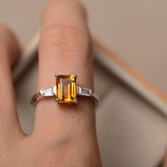 Natural citrine ring emerald cut sterling silver ring | Etsy Baby Blue Jewelry, Yellow Diamond Wedding Rings, Alexandrite Jewelry, November Birthstone Ring, Ring Emerald Cut, Gemstone Ring Silver, Alexandrite Ring, Ring Emerald, Citrine Ring