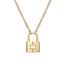 Padlocks in jewelry are a timeless symbol of love, commitment and our connections to one another. Celebrate love with this adorable, hand-crafted high polish 14k gold padlock pendant necklace, highlighted with a stunning baguette diamond, hung from a 16-18" adjustable chain. Luxury Lock Jewelry For Gift, Elegant Lock Necklace For Anniversary, Yellow Gold Necklace With Lock As Gift, Elegant Necklace With Lock Detail As Gift, Elegant Necklace With Lock Detail For Gift, Gold Necklaces With Lock For Anniversary, Elegant Everyday Necklaces With Lock Detail, Elegant Lock Necklace For Gift, Diamond Centerpiece