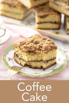 coffee cake on a plate with the words coffee cake in front of it and below