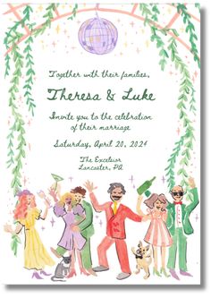 a wedding card with an illustration of people dancing and holding hands in front of them