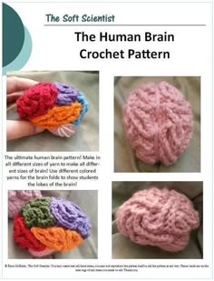 the human brain crochet pattern is shown in three different colors and sizes, with instructions